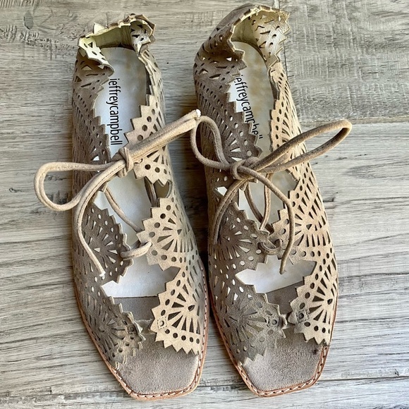 Jeffrey Campbell Wedge Sandals “Espejo” Taupe Suede Rodillo Lace-Up Low Size 8 - Picture 6 of 16
